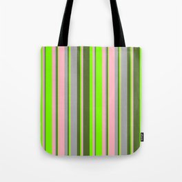 [ Thumbnail: Light Pink, Dark Grey, Dark Olive Green, and Chartreuse Colored Lines/Stripes Pattern Tote Bag ]