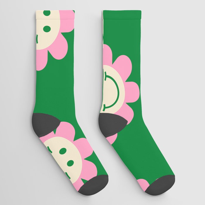 70s Retro Smiley Floral Face Pattern in Green, Pink & Beige Socks