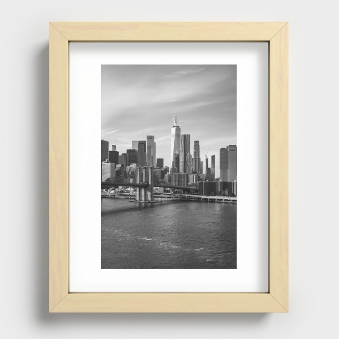 New York City Skyline and the Brooklyn Bridge | Black and White Travel Photography in NYC Recessed Framed Print