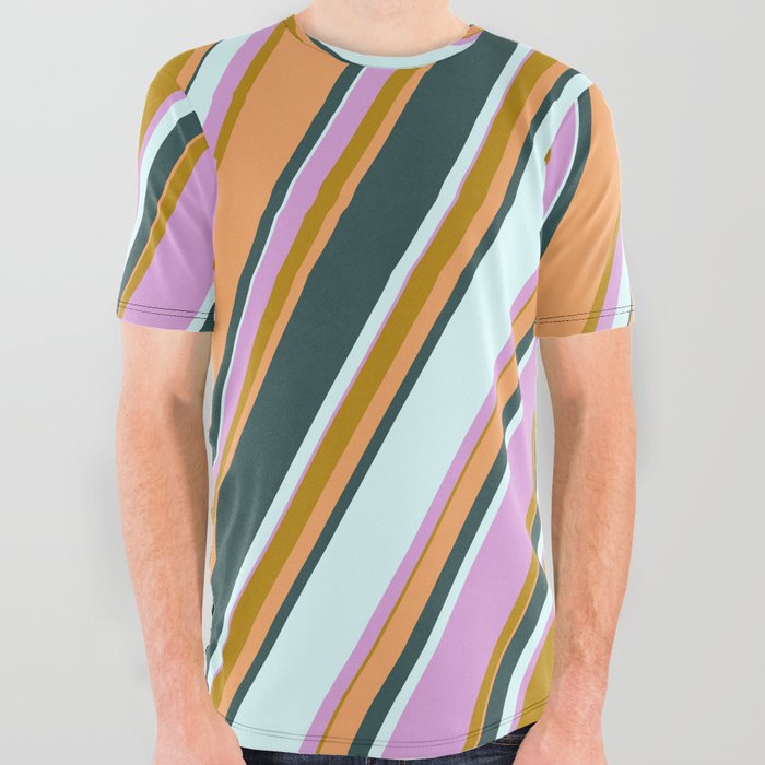 Vibrant Dark Goldenrod, Brown, Dark Slate Gray, Light Cyan, and Plum Colored Lined Pattern All Over Graphic Tee