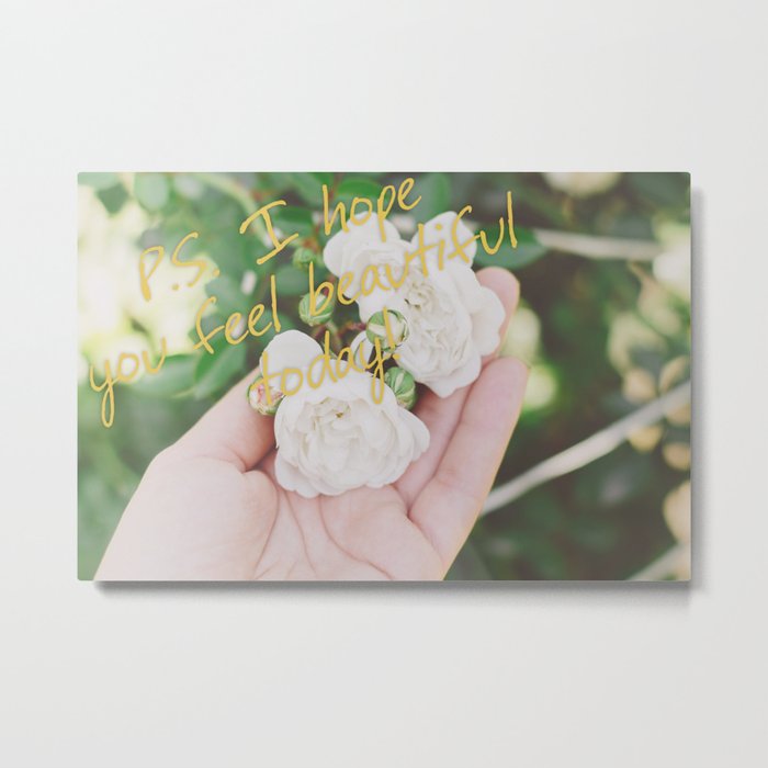 Motivation card on background of two white roses in female hand Metal Print