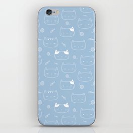 Pale Blue and White Doodle Kitten Faces Pattern iPhone Skin