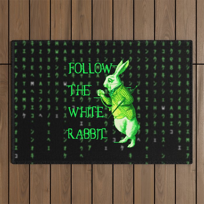 Follow the White Rabbit Computer Code Programmer Video Gamer Geek Outdoor Rug