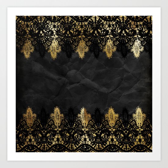 Simply elegance - Gold and black ornamental lace on black paper Art Print