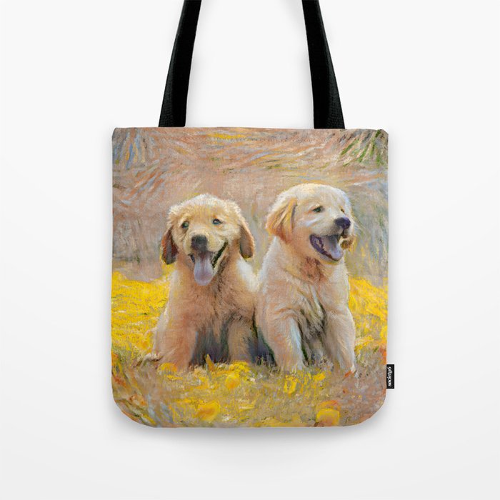 Dogs Van Gogh Style Remix Impasto Painting, Cute Pet Art Pointillism Animals, Sunny warm design Tote Bag