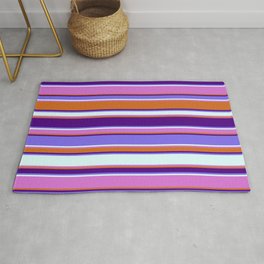 [ Thumbnail: Colorful Chocolate, Indigo, Medium Slate Blue, Light Cyan, and Orchid Colored Stripes Pattern Rug ]