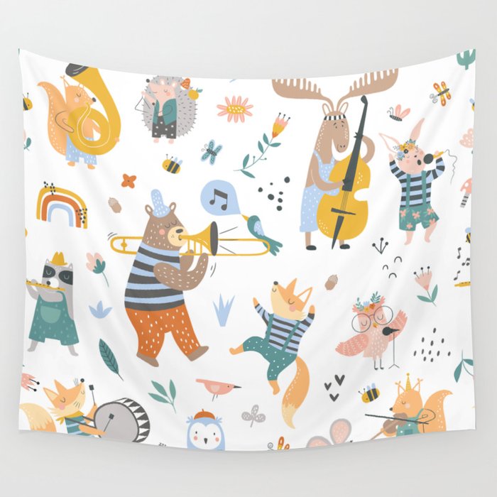 Colorful cartoon style musical Animals 2  Wall Tapestry