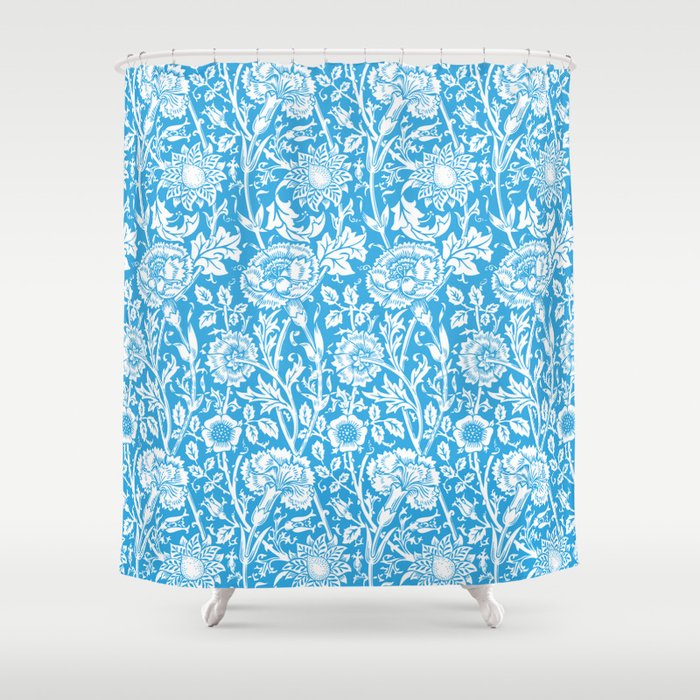 William Morris Floral Pattern | “Pink and Rose” in Turquoise Blue and White | Vintage Flower Pattern Shower Curtain