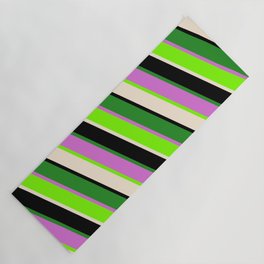 [ Thumbnail: Colorful Green, Beige, Black, Forest Green, and Orchid Colored Stripes/Lines Pattern Yoga Mat ]