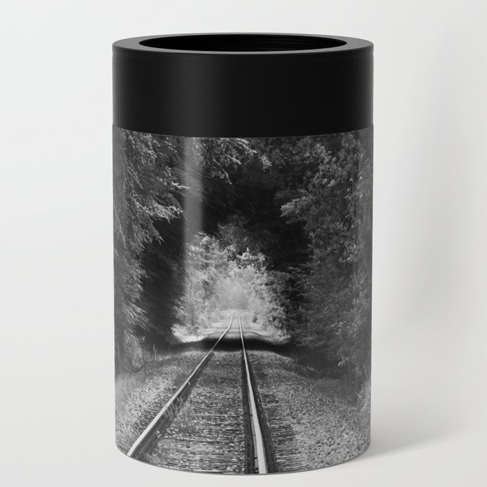 Don't go riding on the long black train; lonely railroad tracks through natural tunnel of leafy trees black and white photograph - photography - photographs Can Cooler