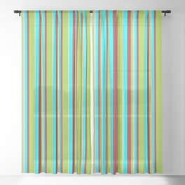 [ Thumbnail: Aqua, Brown, Green & Light Grey Colored Striped Pattern Sheer Curtain ]