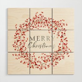 Merry Christmas wreath. Red berry Wood Wall Art