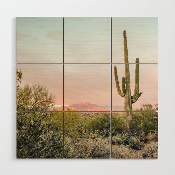 Desert Mountains Saguaro Cactus Blue & Pink Sunset Phoenix Arizona Wood Wall Art