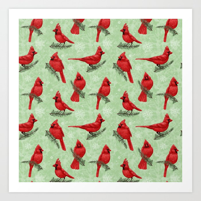 Northern Cardinals Green Art Print