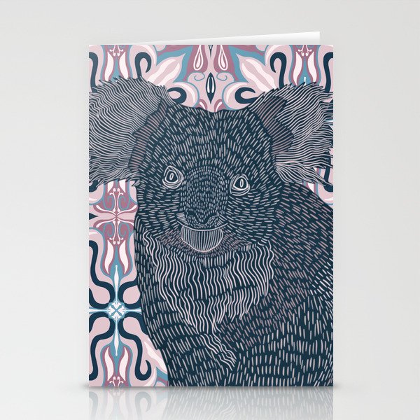 Sweet Koala bear sitting on a pink and blue patterned background Stationery Cards