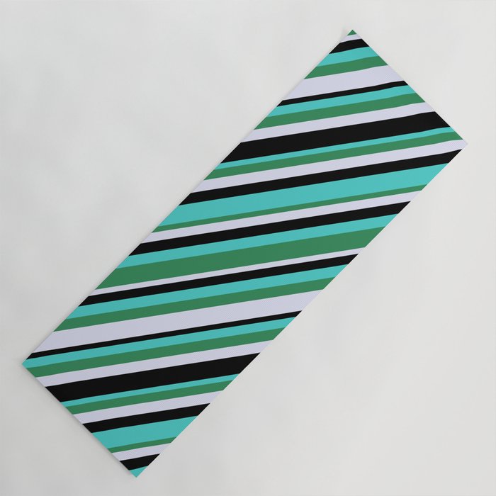 Turquoise, Sea Green, Lavender & Black Colored Stripes Pattern Yoga Mat