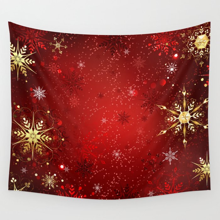 Red Background with Gold Snowflakes Wall Tapestry