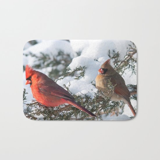 Sunny Winter Cardinals (square) Bath Mat