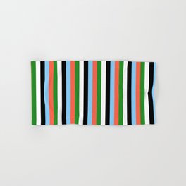 [ Thumbnail: Vibrant Light Sky Blue, Red, Forest Green, White & Black Colored Lines Pattern Hand & Bath Towel ]