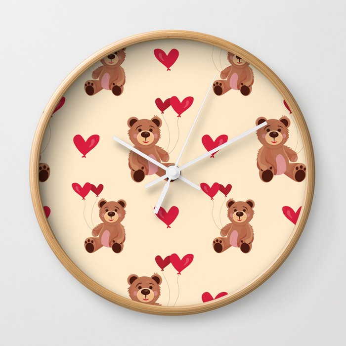 Bear Heart Balloons For Valentine's Day Red Hearts Wall Clock