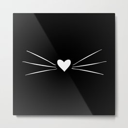 Cat Heart Nose & Whiskers White on Black Metal Print