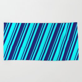 [ Thumbnail: Cyan & Midnight Blue Colored Stripes/Lines Pattern Beach Towel ]