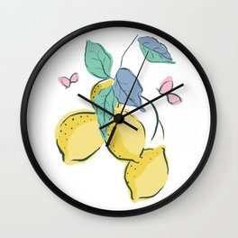 Yellow Lemons and Pink Butterflies Pattern Wall Clock | Orchard, Hangingfruit, Blue, Pinkbutterflies, Graphicdesign, Tree, White, Cool, Scatter, Drawing 