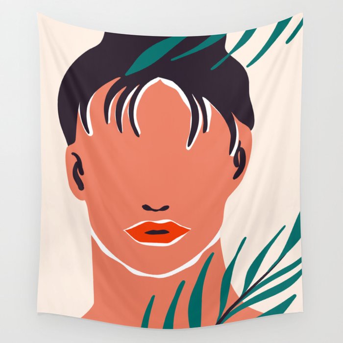 Beautiful woman face portrait with tropical nature leaf Wall Tapestry