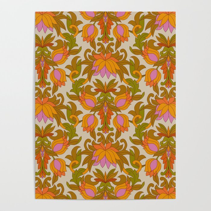 Orange, Pink Flowers and Green Leaves 1960s Retro Vintage Pattern Poster