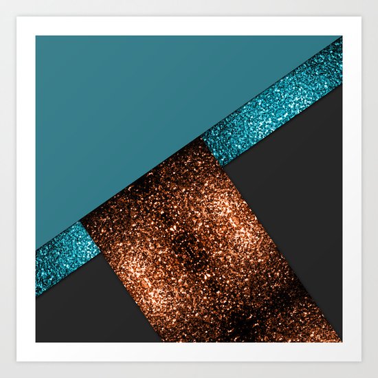 Aqua blue and bronze sparkles modern color block art Art Print