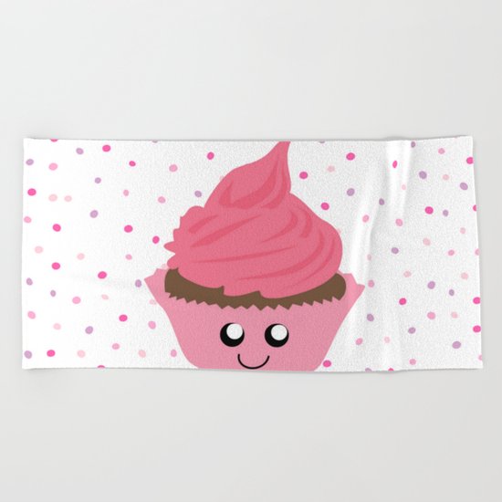 Valentine's Day Cupcake with Confetti Sprinkles (Dazzling Pink Polka Dots / Valentine Gift) Beach Towel