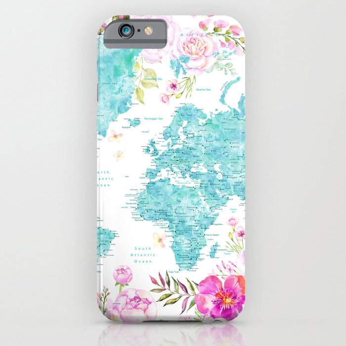 Aquamarine and hot purple watercolor world map with cities iPhone Case