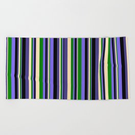 [ Thumbnail: Eyecatching Medium Slate Blue, Green, Beige, Dark Slate Blue, and Black Colored Stripes Pattern Beach Towel ]