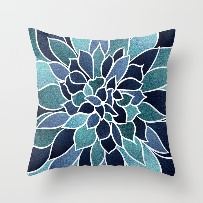 Festive, Flower Bloom, Navy Blue and Teal Throw Pillow