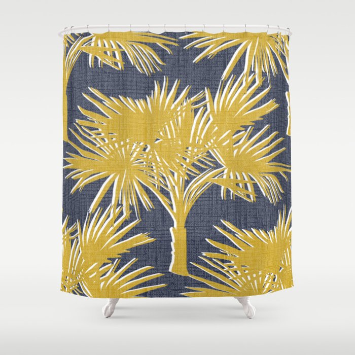 Tropical Palm Trees Gold on Navy Shower Curtain