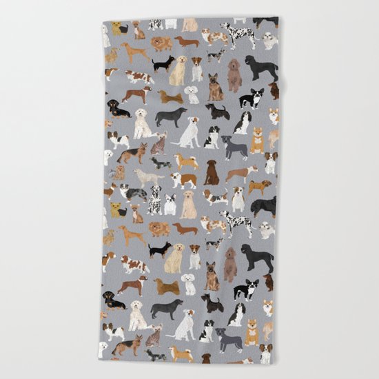 Mixed Dog lots of dogs dog lovers rescue dog art print pattern grey poodle shepherd akita corgi Beach Towel