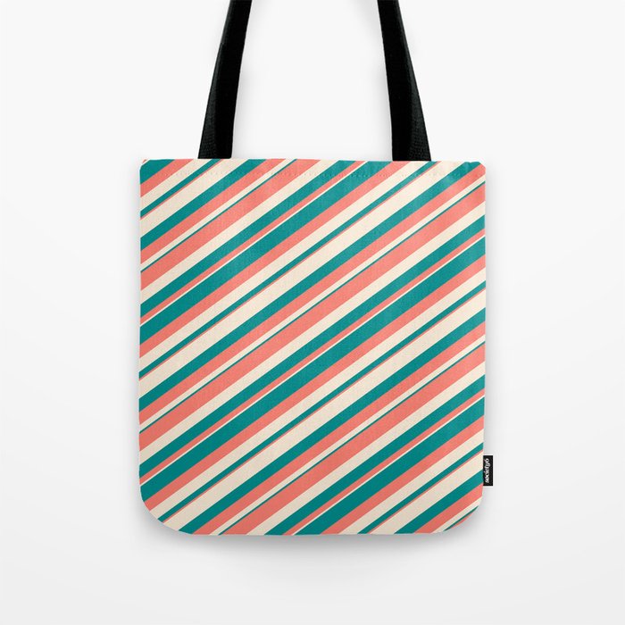 Salmon, Beige & Dark Cyan Colored Pattern of Stripes Tote Bag