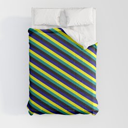 [ Thumbnail: Yellow, Dark Cyan, Black, and Blue Colored Pattern of Stripes Comforter ]
