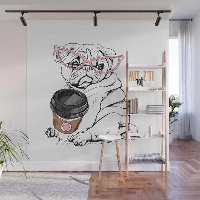 Cute Pug Puppy Pink Glasses Plastic Pug Lover Wall Mural