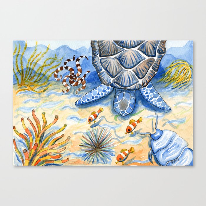 Sea Turtle Bottom Of The Sea Watercolor Painting Canvas Print By