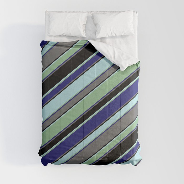 Powder Blue, Dark Sea Green, Midnight Blue, Dim Gray, and Black Colored Striped/Lined Pattern Comforter