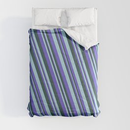 [ Thumbnail: Slate Blue, Dark Slate Gray, and Light Blue Colored Pattern of Stripes Comforter ]