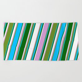 [ Thumbnail: Eye-catching Plum, Green, Deep Sky Blue, Dark Green, and White Colored Lined/Striped Pattern Beach Towel ]
