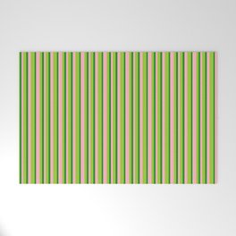 [ Thumbnail: Light Pink, Green & Forest Green Colored Lines Pattern Welcome Mat ]