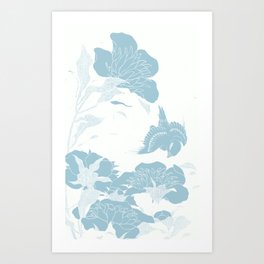 Peonies and Canary by Hakusai : japanese Flowers White and Muted Blue Art Print