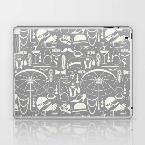 White Old-Fashioned 1920s Vintage Pattern on Silver Grey Laptop & iPad Skin
