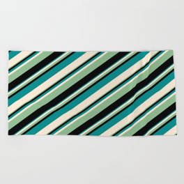 [ Thumbnail: Dark Cyan, Beige, Dark Sea Green, and Black Colored Lines/Stripes Pattern Beach Towel ]