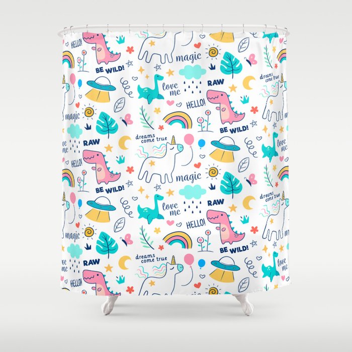 Cute Be Wild & Magical Doodle Illustration Unicorns Rainbows and Dinosaurs Pattern Shower Curtain
