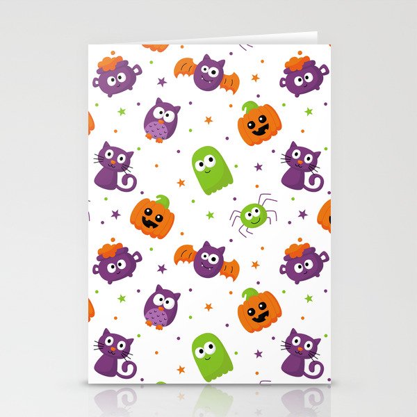 Halloween Seamless Pattern with Funny Spooky on White Background Stationery Cards