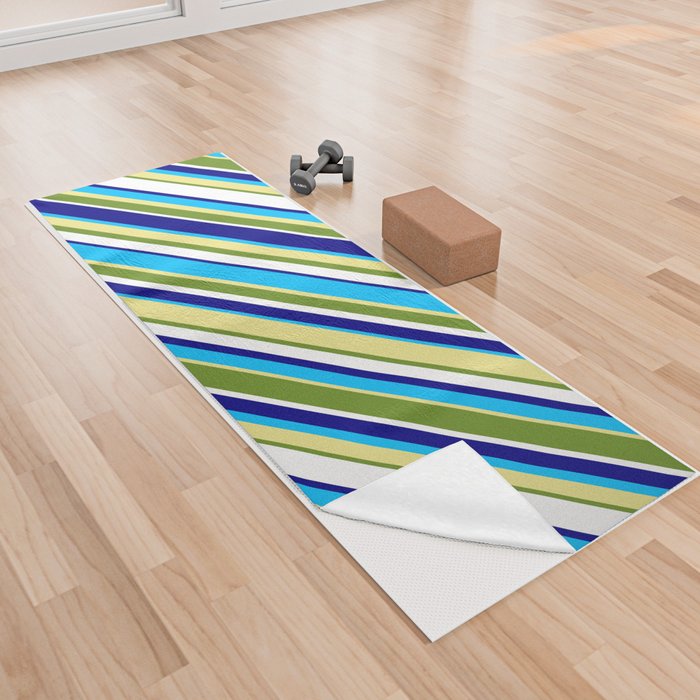 Colorful Blue, Deep Sky Blue, Tan, Green & White Colored Lined Pattern Yoga Towel